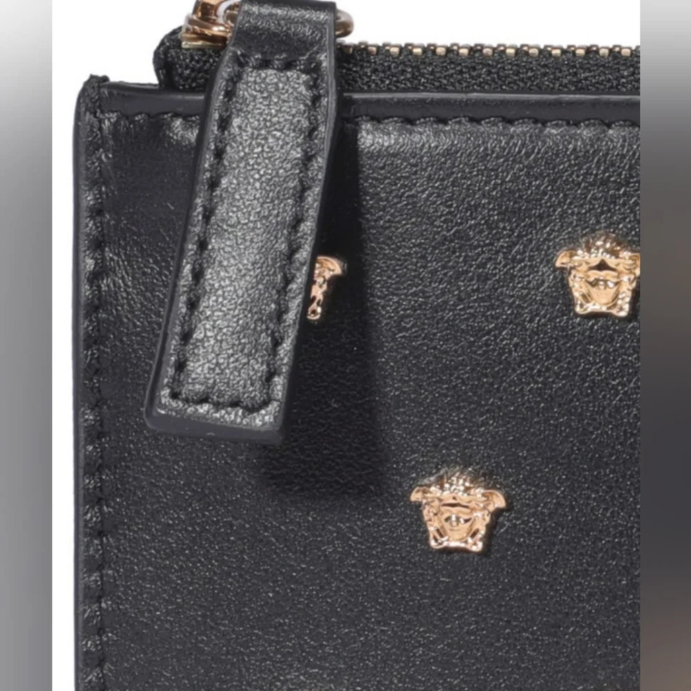 VERSACE Black All Over Medusa Stud Zip Card Holder Wallet
